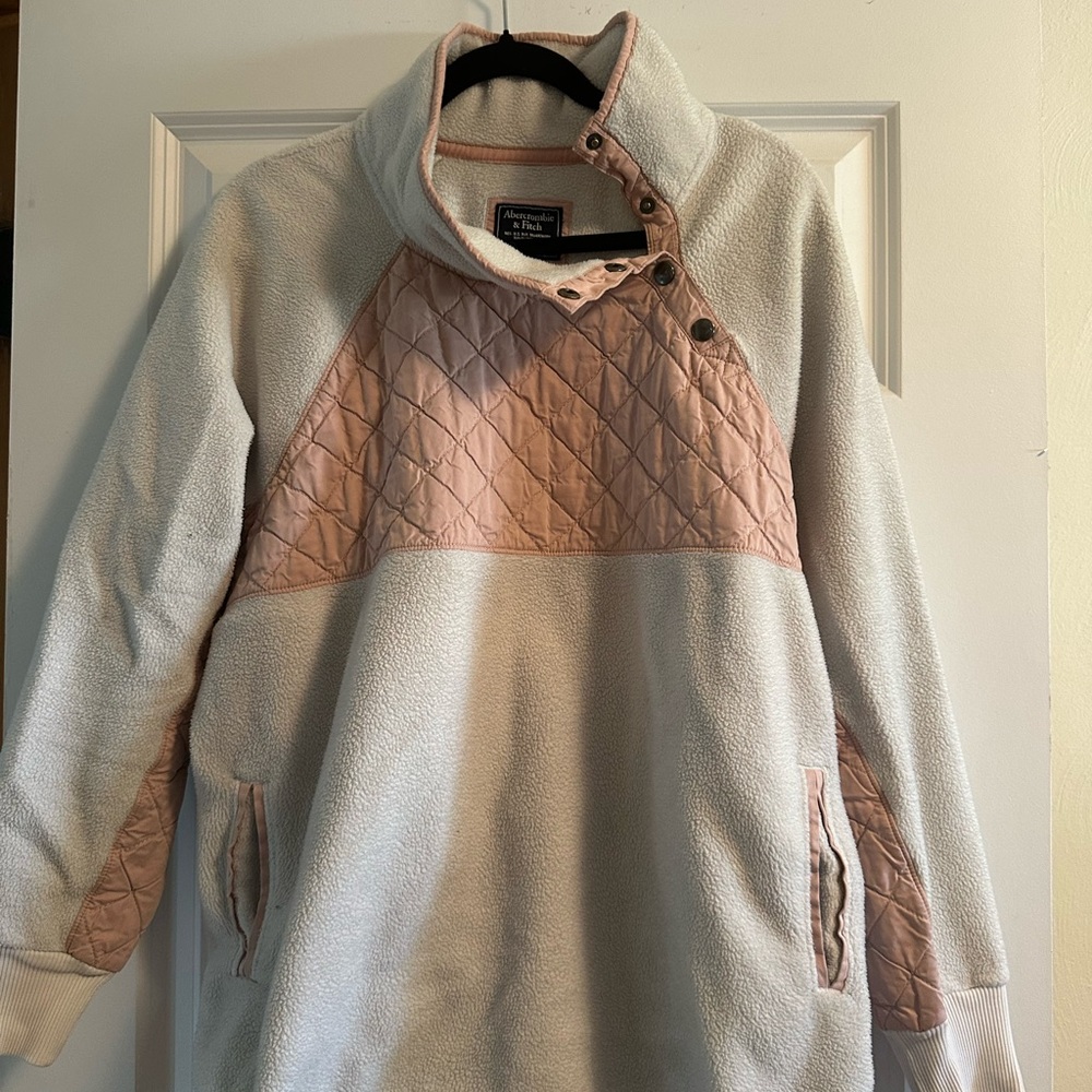 Abercrombie & Fitch Pink and Cream Fleece Sweater Jacket